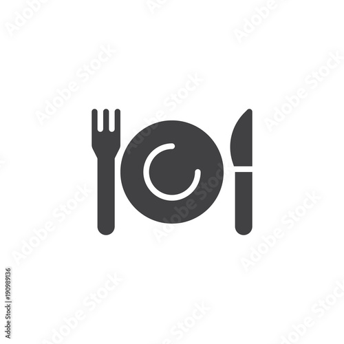 Plate, knife and fork icon vector, filled flat sign, solid pictogram isolated on white. Tableware cutlery symbol, logo illustration.