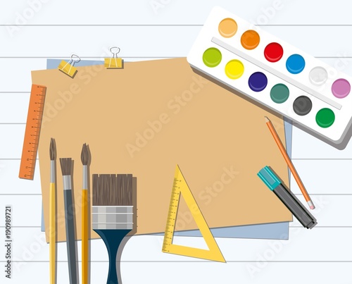 School accessories for art. Paints, brushes, pencils, pen, paper. 