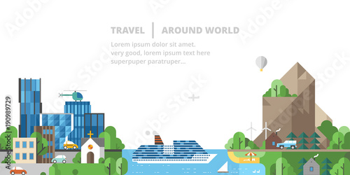 Travel. Modern city, pure nature. Mountain landscape.