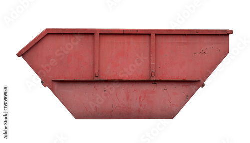 Red trash container with scratches isolated on white background