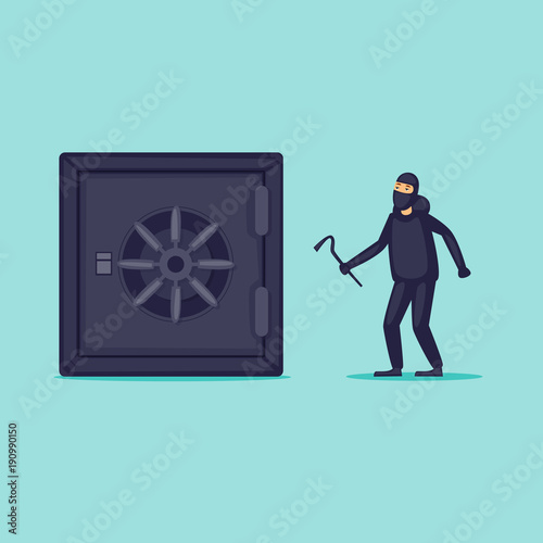 Thief near the safe. Flat design vector illustration.