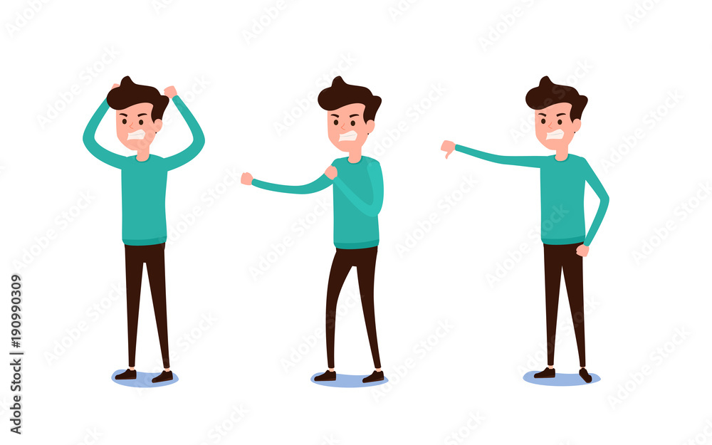 Freelance character Design. Set of guy in casual clothes in various poses angry emotions. Different emotions and poses.