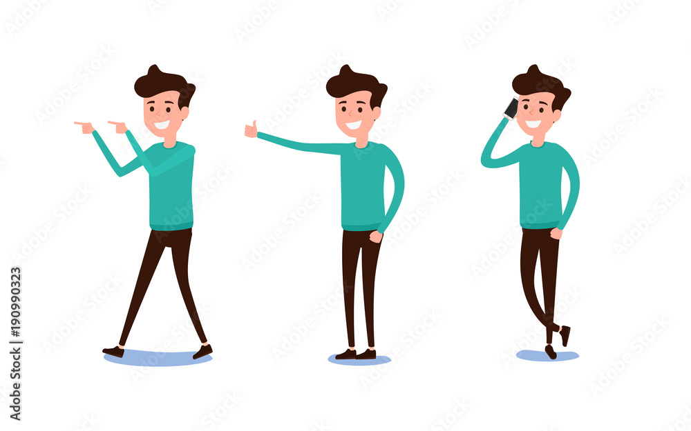 Freelance character Design. Set of guy in casual clothes in various poses happy emotional. Different emotions and poses. Freelance character Design. Set of guy in casual clothes in various poses happy emotional. Different emotions and poses.