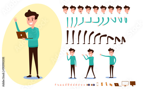 Freelance character creation set for animation. Set of guy in casual clothes in various poses. Parts body template. Different emotions, poses and  running, walking, standing, sitting.