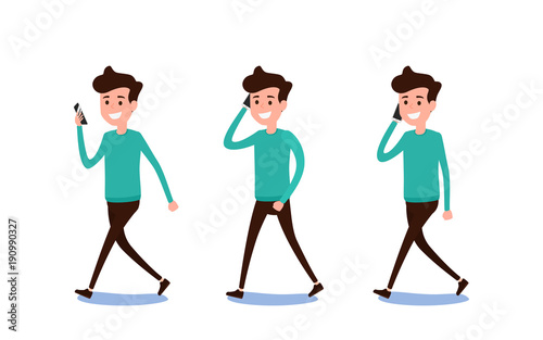 Freelance character Design. Set of guy in casual clothes using smartphone in various poses happy emotional. Different emotions and poses.