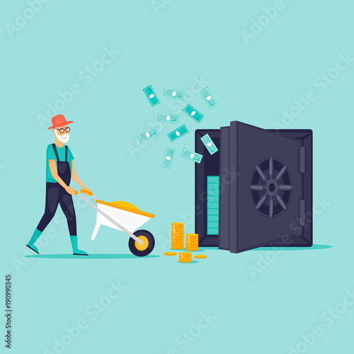 Pensioner puts money in the safe. Flat design vector illustration.