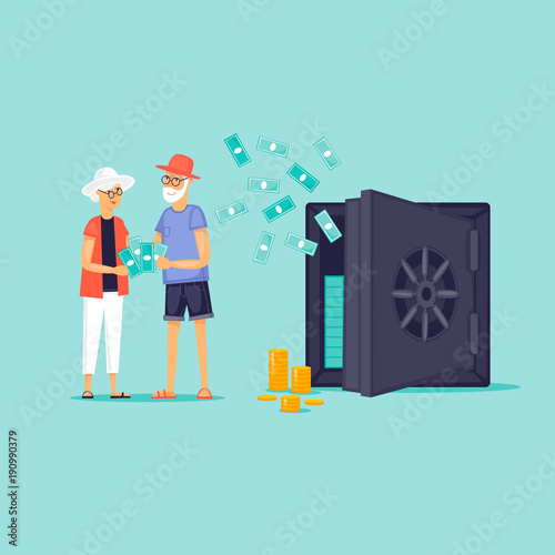 Pensioners save money. Flat design vector illustration.