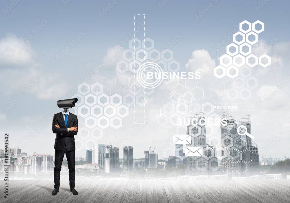 Concept of security and privacy protection with camera headed man Concept of security and privacy protection with camera headed man