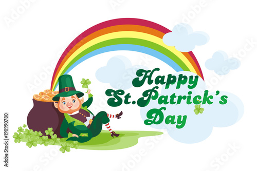 Saint Patrick   s Day poster with the image of a leprechaun. Vector illustration isolated on the white background.