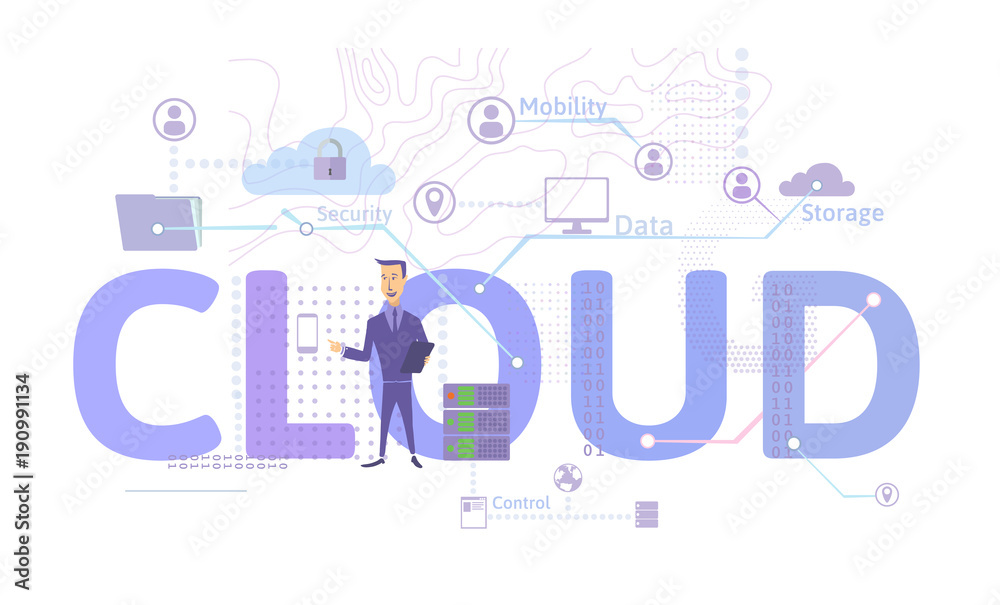 Cloud computing concept. Information technology. Vector illustration in flat style, isolated on white background.