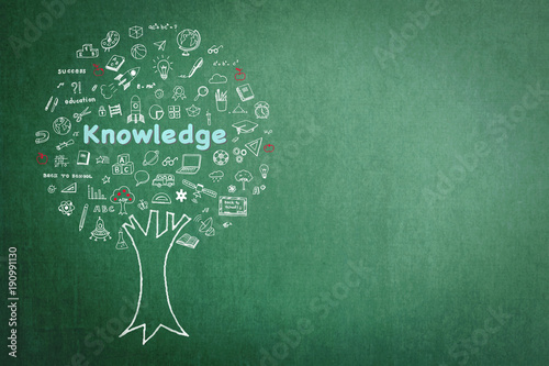 Tree of knowledge education concept on green chalkboard background with doodle photo