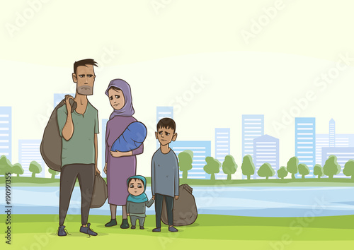 Family homeless or refugees, a man and a woman with children in the big city. Vector illustration with copy space.