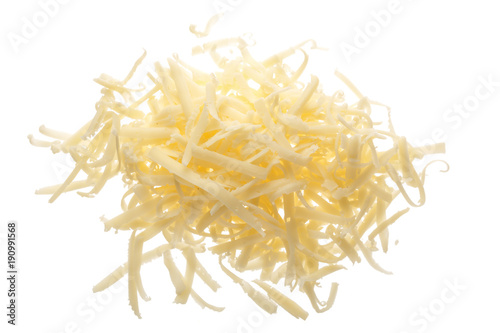 grated cheese isolated on white background. Top view