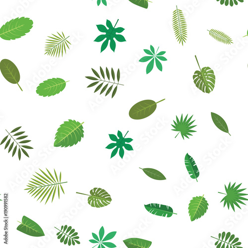 Seamless pattern with green tropical leaves. Floral background, vector illustration on white background.