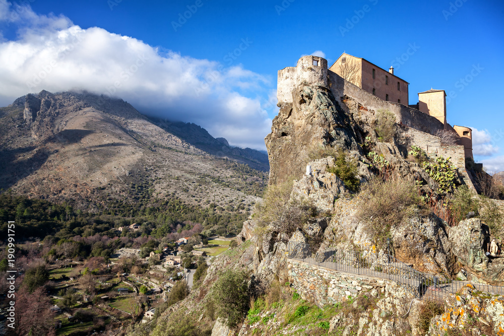 Medieval citadel in Corte, a city in the mountains, France, the island of Corsica. Beautiful city landscape