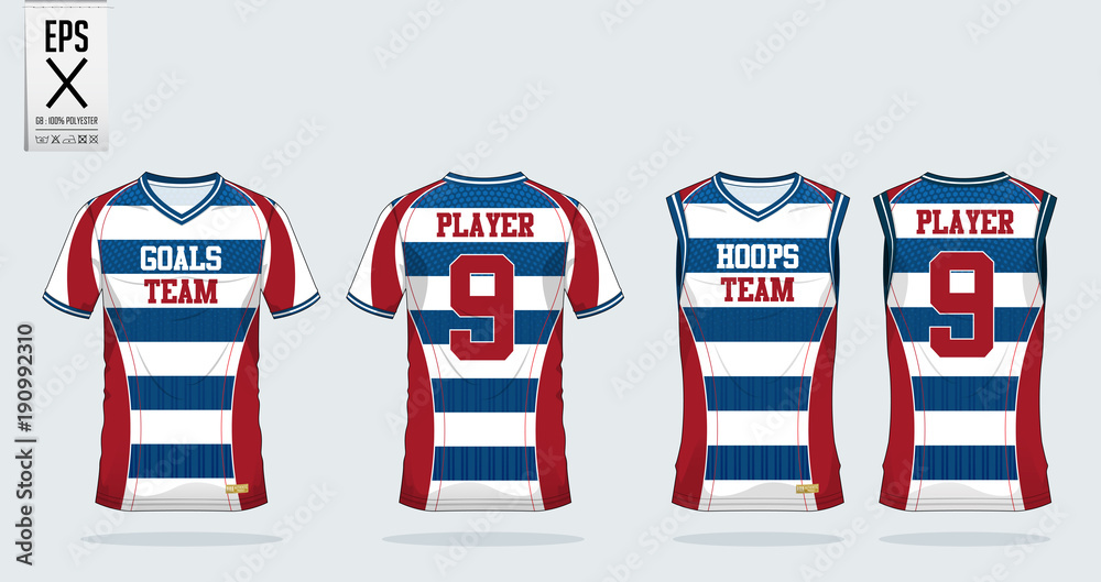 Obraz premium T-shirt sport template design for soccer jersey, football kit and tank top for basketball jersey. Sport uniform in front view and back view. Sport shirt mock up for sport club. Vector Illustration.
