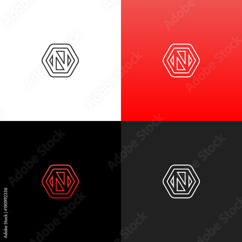 Logo N in rhombus. Linear logo of the letter n and rhomb for companies and brands with a red gradient. Set of minimalistic monogram design.