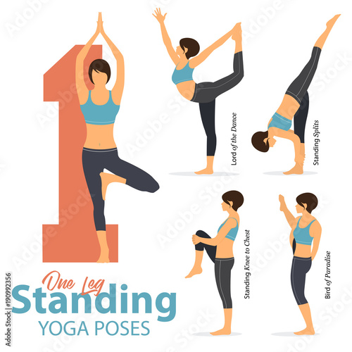 A set of yoga postures female figures for Infographic 5 Yoga in one leg standing poses in flat design. Woman figures exercise in blue sportswear and black yoga pant. Vector Illustration.