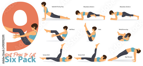 A set of yoga postures female figures for Infographic 9 Yoga best poses for get six pack in flat design. Woman figures exercise in blue sportswear and black yoga pant. Vector Illustration.