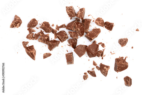Chocolate pieces isolated on white. Top view. Flat lay