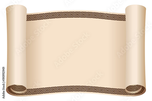 Ancient Greek papyrus with a national ornament. Old beige paper isolated on white background.