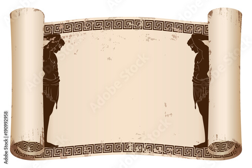 Ancient Greek papyrus with two Atlant and a national ornament. Old beige paper with the aging effect isolated on white background.