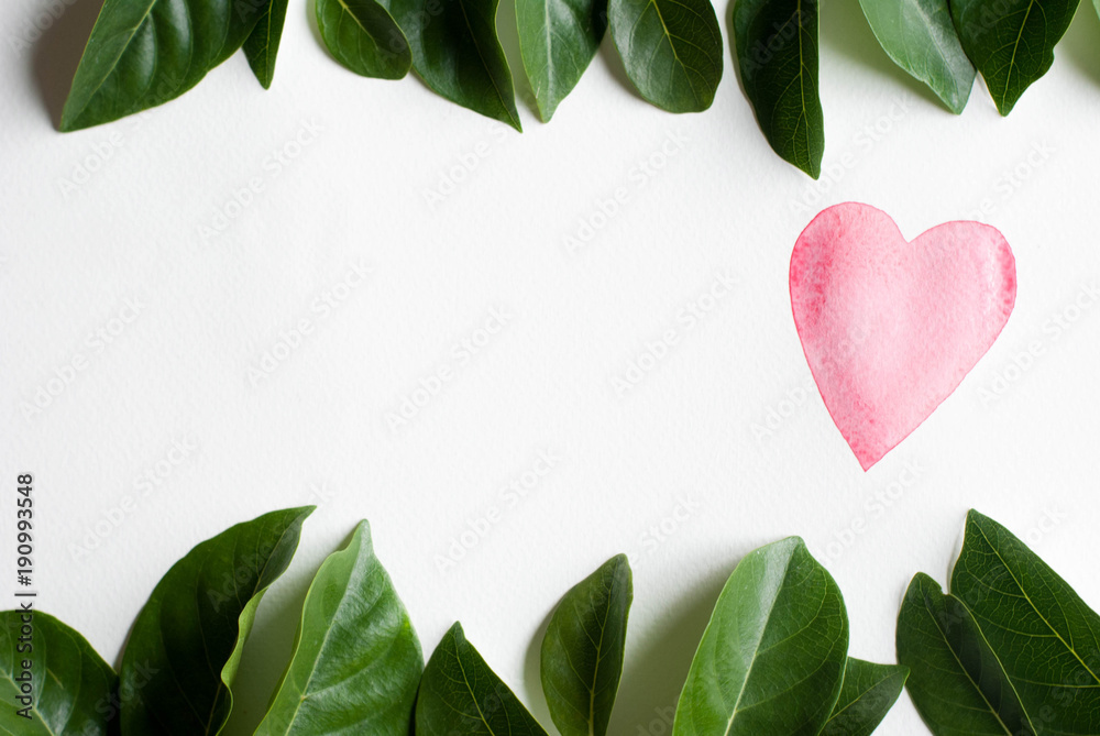 Fototapeta premium Hand drawn Illustration of red watercolor heart with brush and Green leaf on top and bottom ,White background free space at left side for text and LOGO or your brand