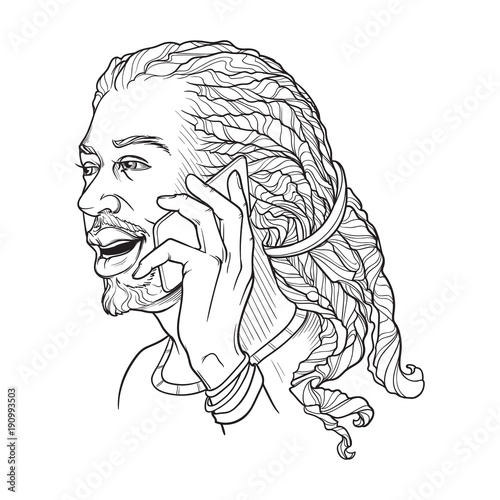 Afro-American young man with dreadlocks speaking on the phone and smiling. Black and white linear sketch isolated n white background. EPS10 vector illustration