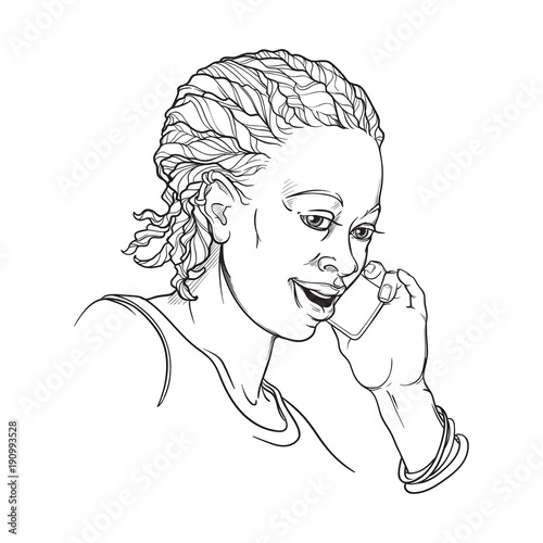 Afro-American young woman with cornrow braids speaking on the phone and smiling. Black and white linear sketch isolated on white background. EPS10 vector illustration
