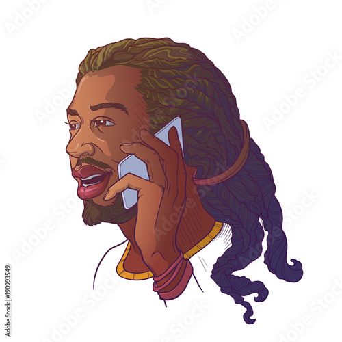 Afro-American young man with dreadlocks speaking on the phone and smiling. Colored linear sketch isolated n white background. EPS10 vector illustration