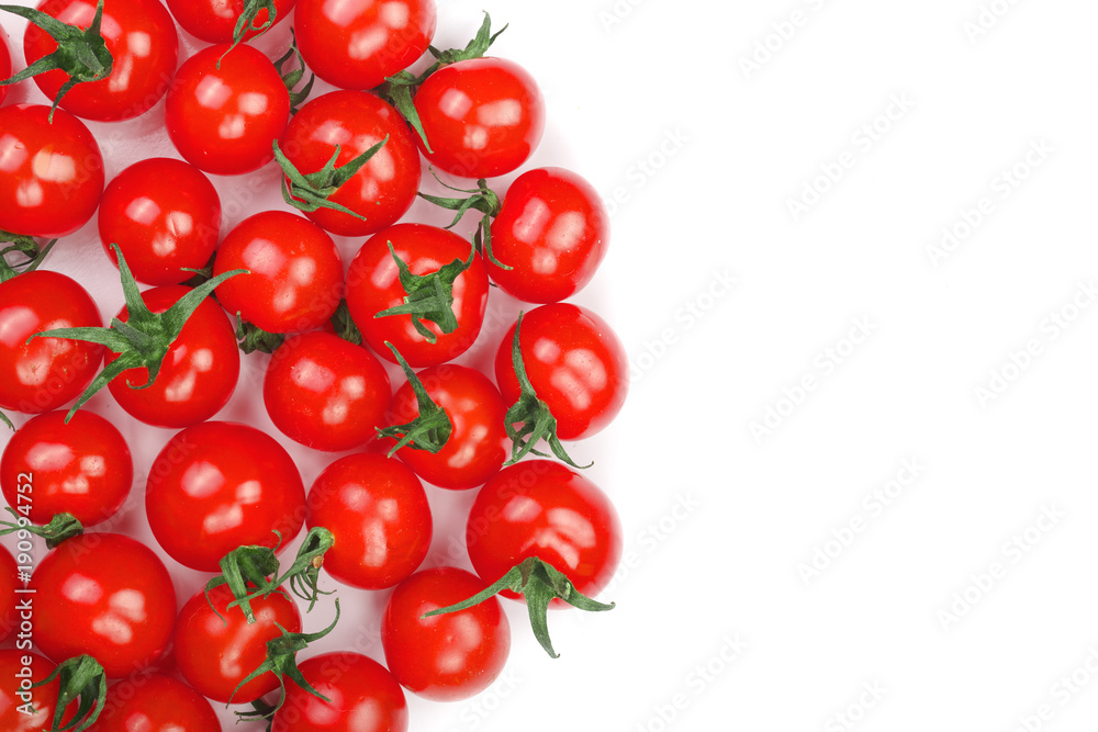 Cherry small tomatoes isolated on white background with copy space for your text. Top view. Flat lay Cherry small tomatoes isolated on white background with copy space for your text. Top view. Flat lay