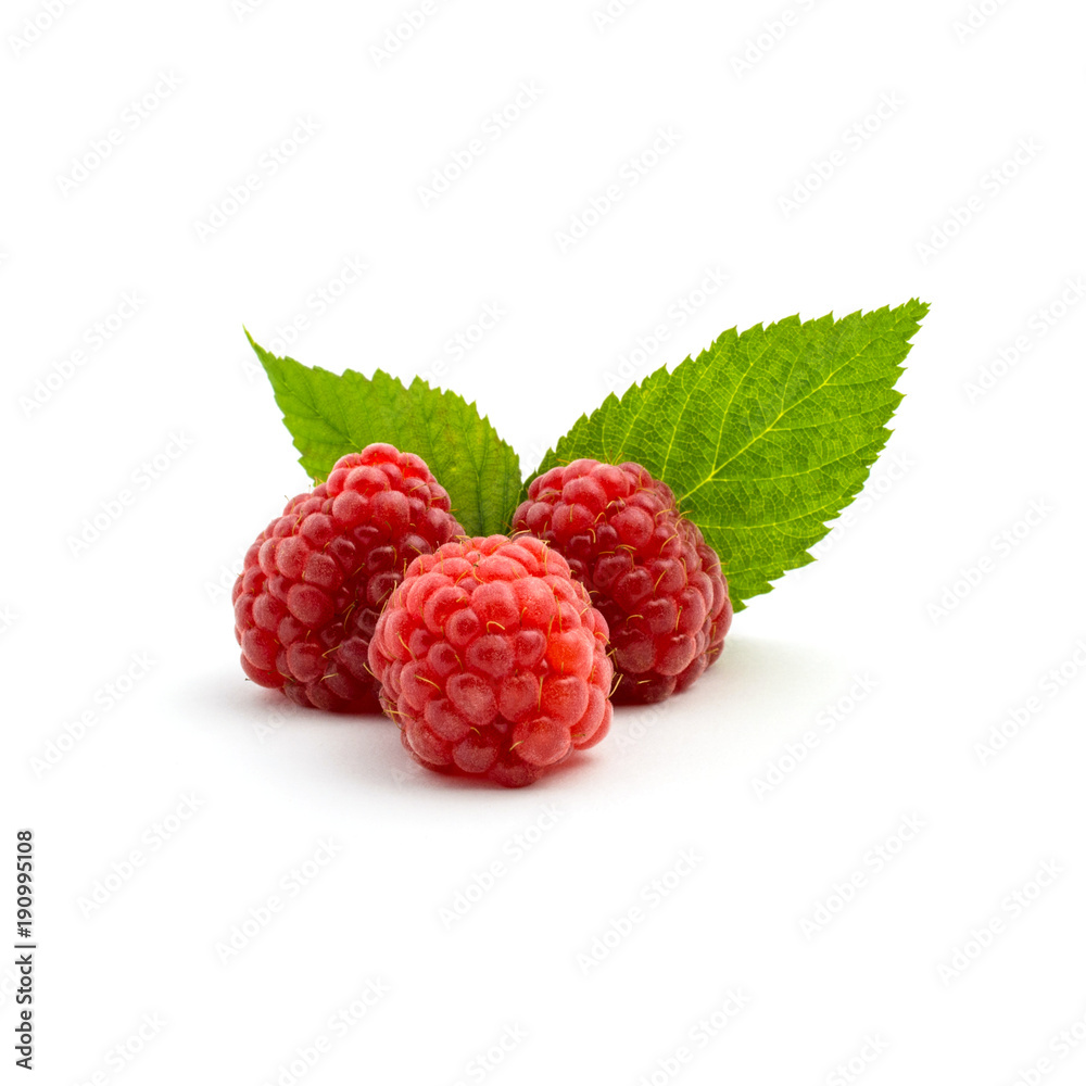 Photo of fresh red raspberry with leaves isolated on white background Photo of fresh red raspberry with leaves isolated on white background
