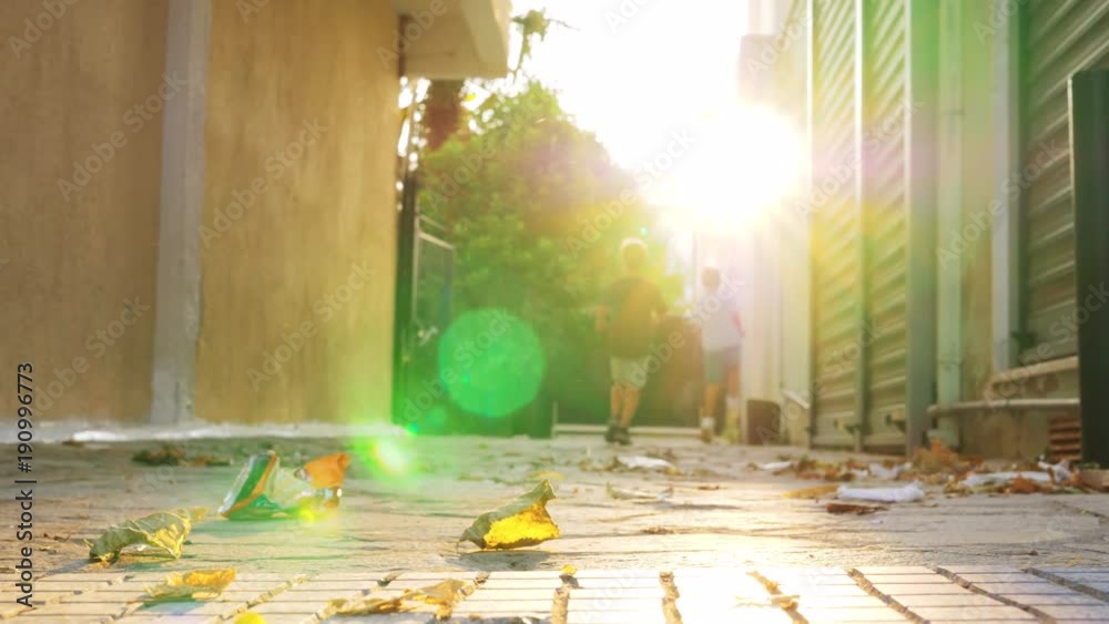 Slow motion shot of two boys running on the path with dry leaves in the light of bright warm evening sun. Autumn is coming