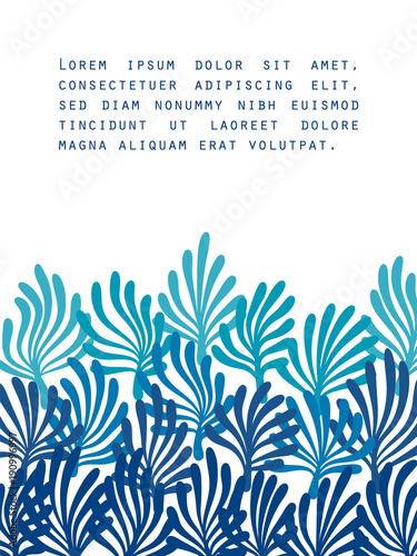 Blue seaweed on white ocean flora template for a poster, vector