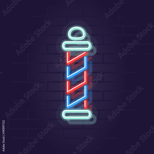 Neon barbershop pole sign. Night illuminated street hair saloon sign. Vintage and retro for trendy grooming. Isolated line art style illustration on brick wall background.