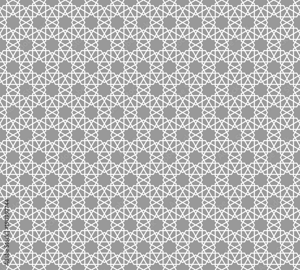 Abstract gray pattern geometric of Islamic, Arabesque ornament on white background. Seamless Vector illustration. Abstract gray pattern geometric of Islamic, Arabesque ornament on white background. Seamless Vector illustration.