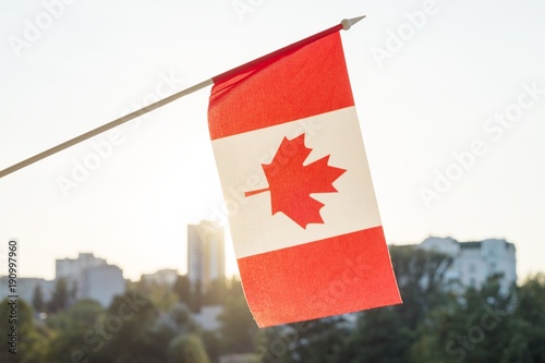 Flag of Canada from window, on sunset background