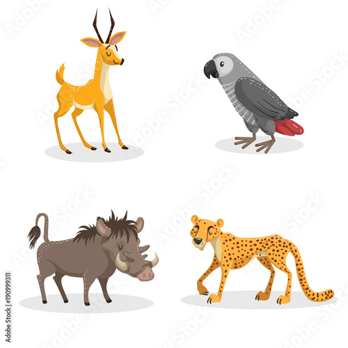 Cartoon trendy style african animals set. Pig warthog, grey parrot, cheetah and antelope gazelle. Closed eyes and cheerful mascots. Vector wildlife illustrations.