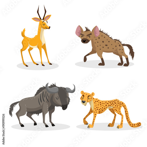 Cartoon trendy style african animals set. Hyena, wildebeest, cheetah and antelope gazelle. Closed eyes and cheerful mascots. Vector wildlife illustrations.