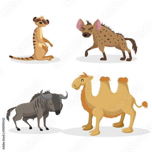 Cartoon trendy style african animals set. Hyena  wildebeest  meerkat and bactrian camel . Closed eyes and cheerful mascots. Vector wildlife illustrations.