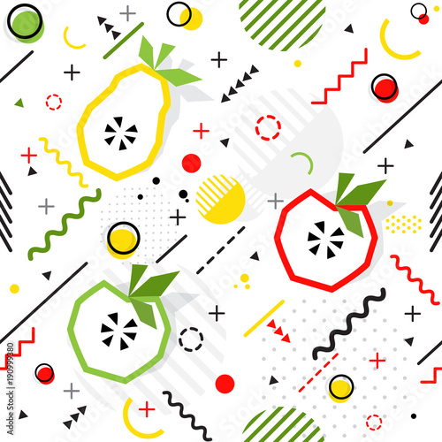 Trendy seamless, Memphis style apple, pear geometric pattern, vector