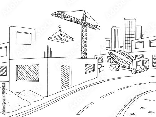 Building construction graphic black white city landscape sketch illustration vector