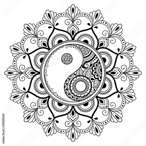 Circular pattern in the form of a mandala.  Yin-yang decorative symbol. Mehndi style. Decorative pattern in oriental style. Coloring book page.