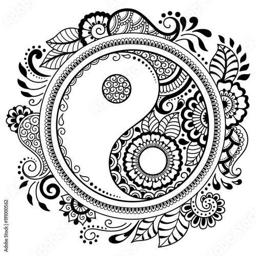 Circular pattern in the form of a mandala.  Yin-yang decorative symbol. Mehndi style. Decorative pattern in oriental style. Coloring book page.