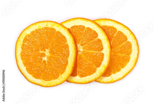 Fresh juicy orange slices isolated on white background, top view