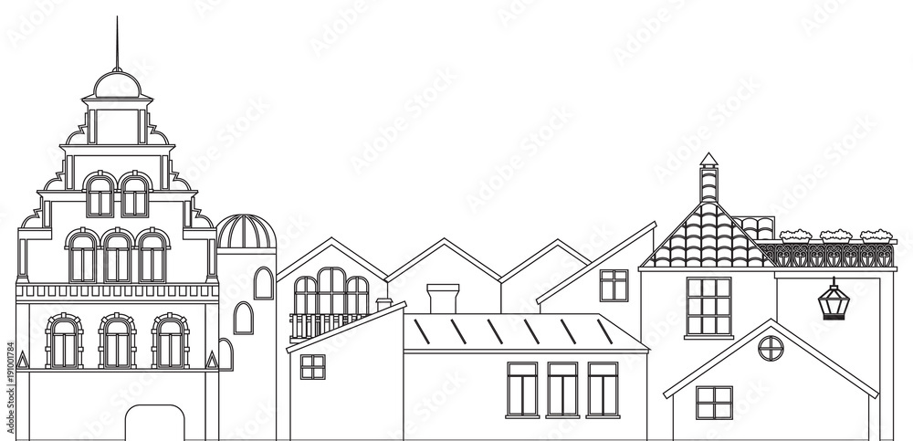 Outline panoramic view of houses. Vector contour of old town cityscape.