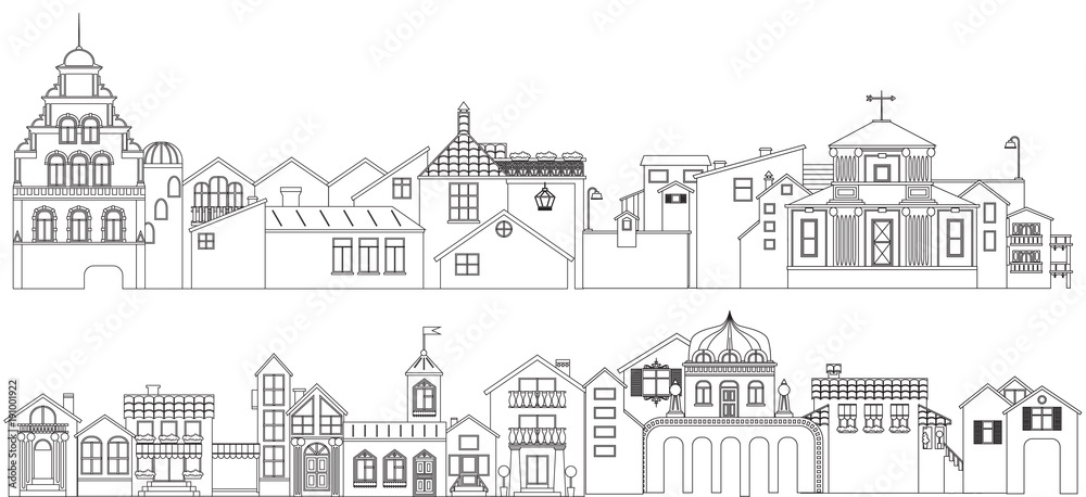 Outline set of old town streets buildings. Vector collection of contour townhouses.