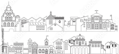 Outline set of old town streets buildings. Vector collection of contour townhouses.