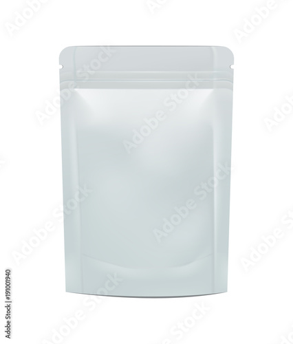 Single blank foil food pouch bag pack on white background