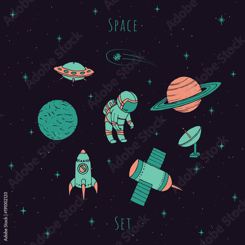 Hand drawn vector space elements: cosmonaut, satelites, rocket, planets, falling star and UFO. Colorful cosmos set on the starry background.